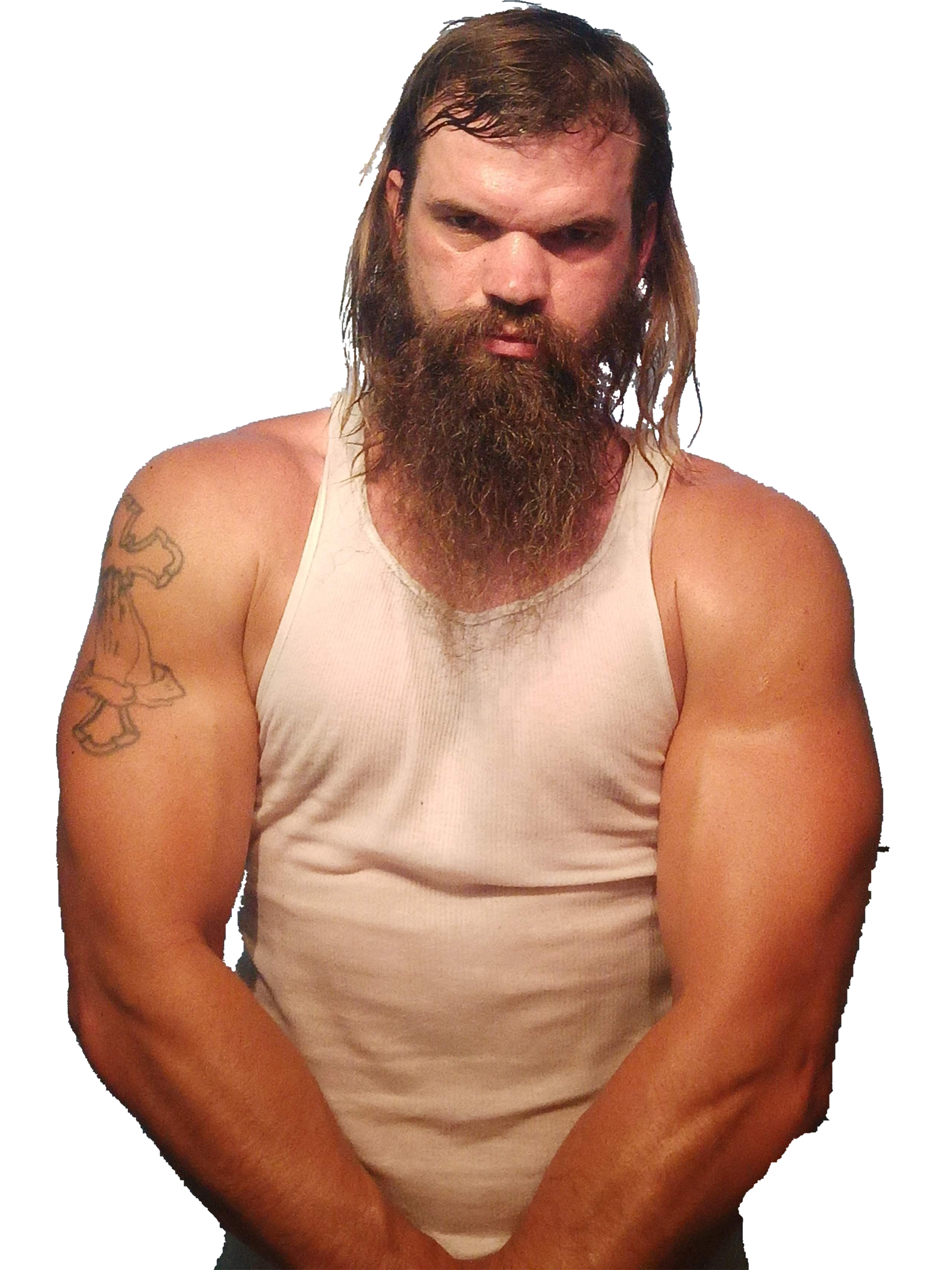 About Me - Natural Gains Man with long hair and full beard wearing a white sleeveless shirt, arms crossed, tattoo on the left arm.