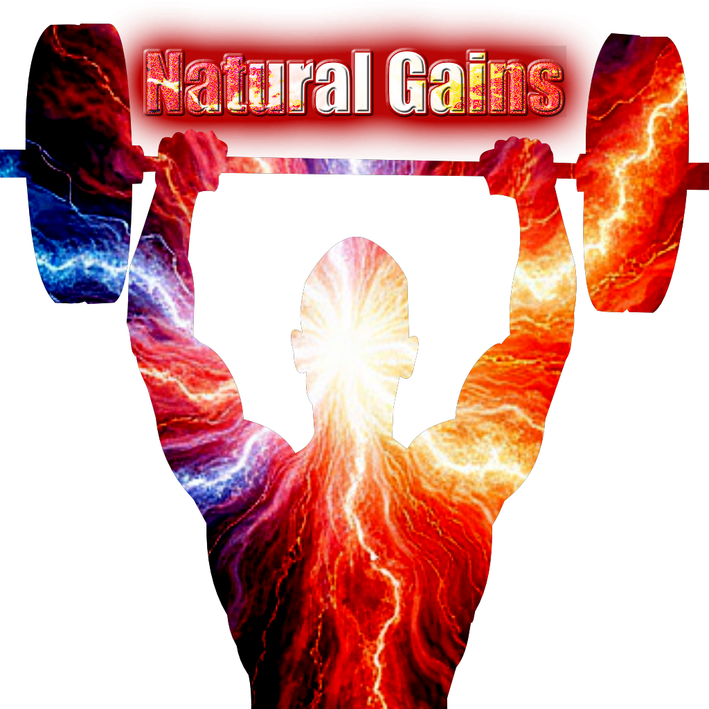 Silhouette of a person lifting a heavy barbell overhead, filled with a fiery red‑orange gradient; a red banner above reads 'Natural Gains'.